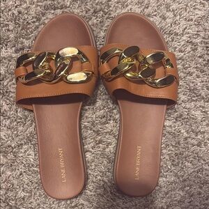 Lane Bryant Gold and Brown Sandals with Chain Detail